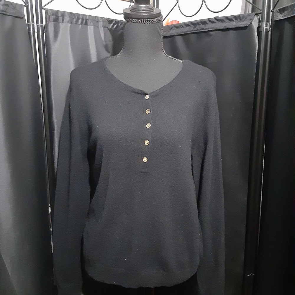 Lauren Ralph Lauren 100% Cashmere Mid Button Sweater Black Crew Neck Women's L
